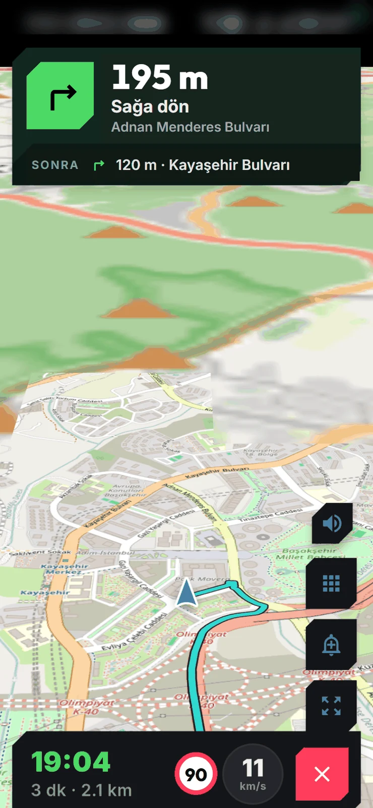 RiVo navigation screen: next manoeuvre and speed