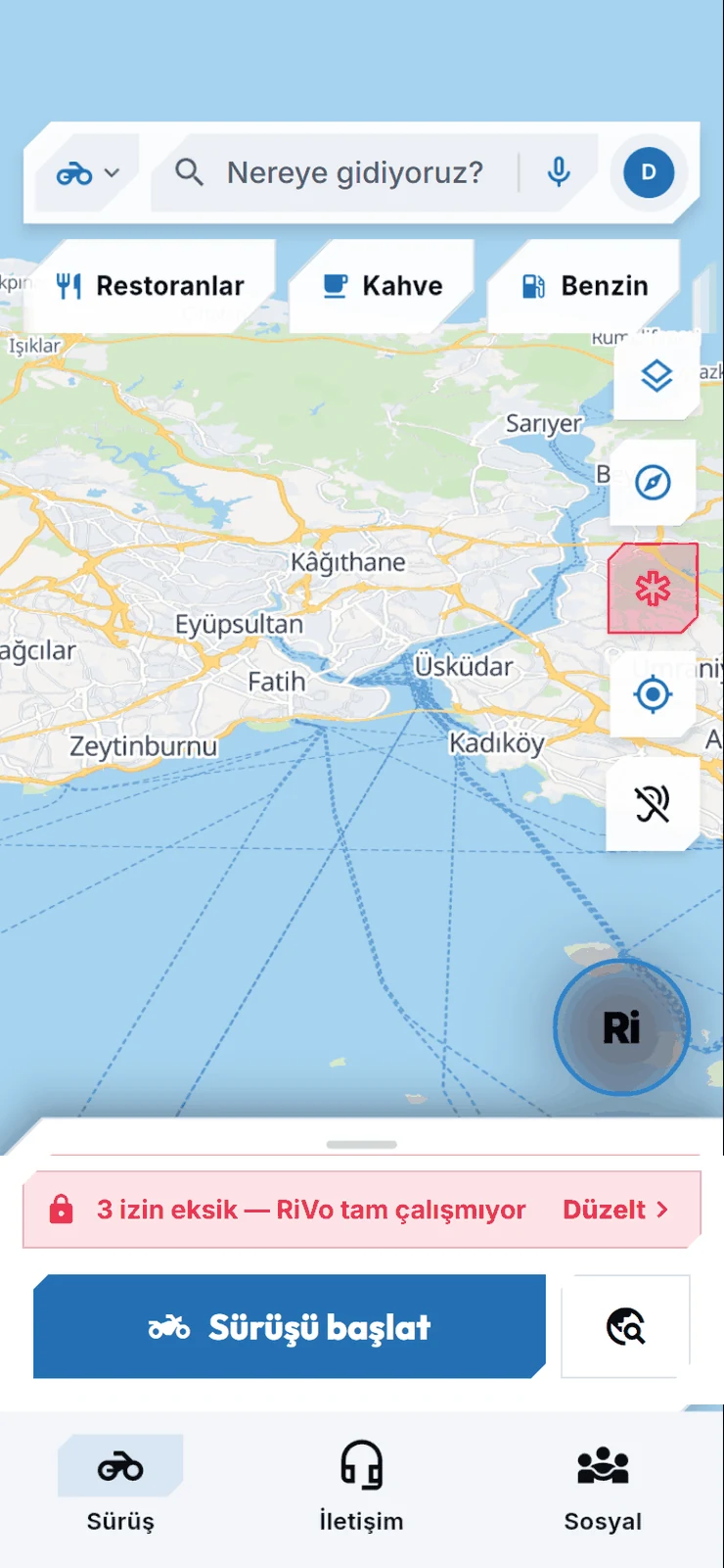 RiVo Ride screen: map, search and the Start ride button