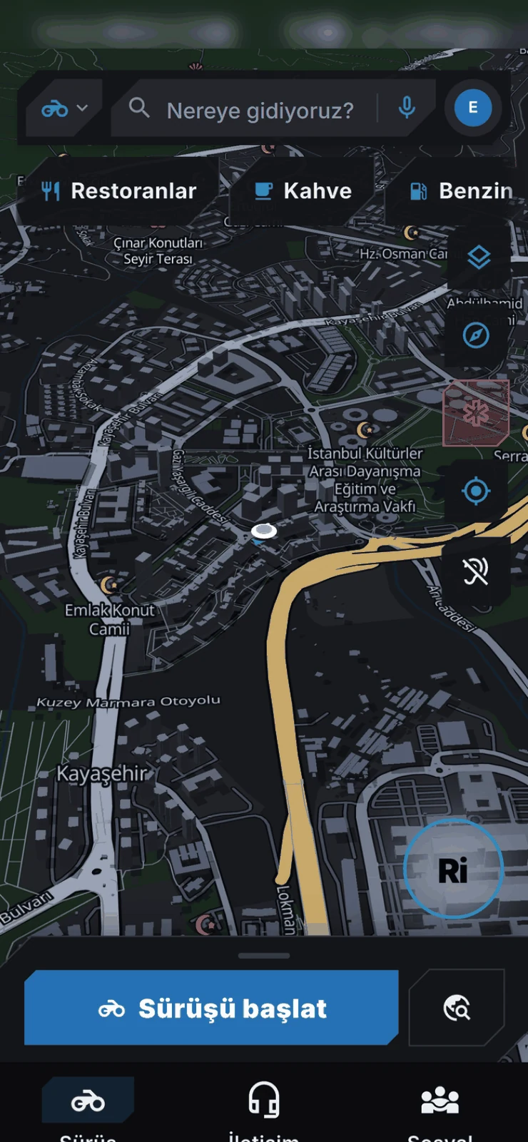 RiVo Ride screen: map, search and the Start ride button