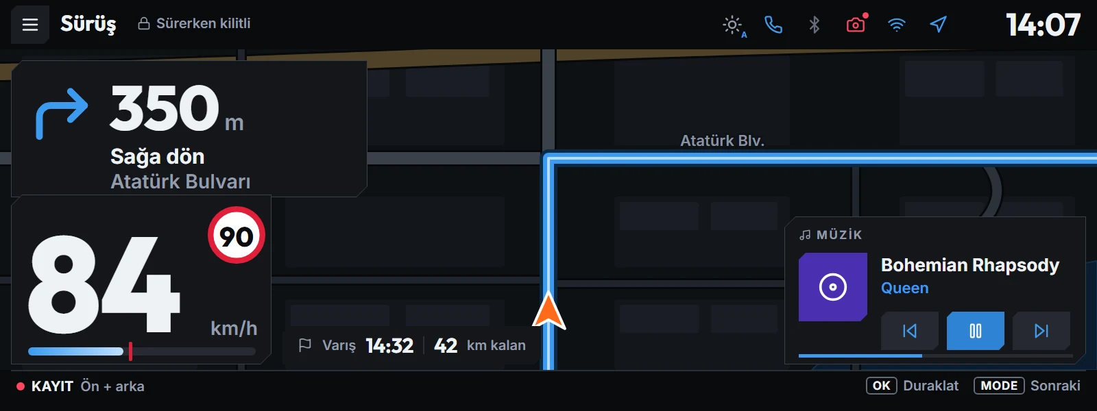 RiVo Screen ride view: next turn, speed, speed limit and now playing