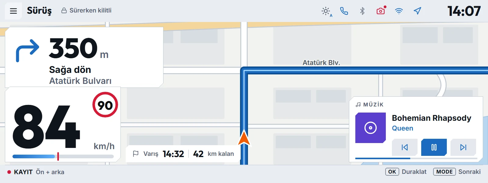 RiVo Screen ride view: next turn, speed, speed limit and now playing