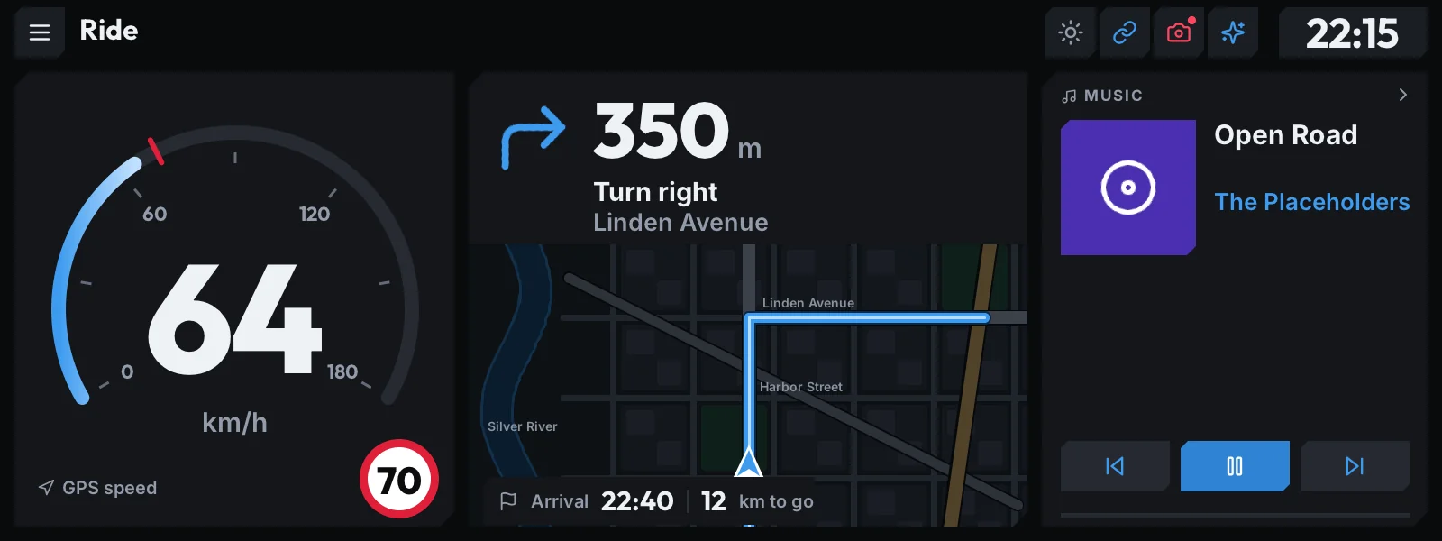 RiVo Screen ride view: next turn, speed, speed limit and now playing